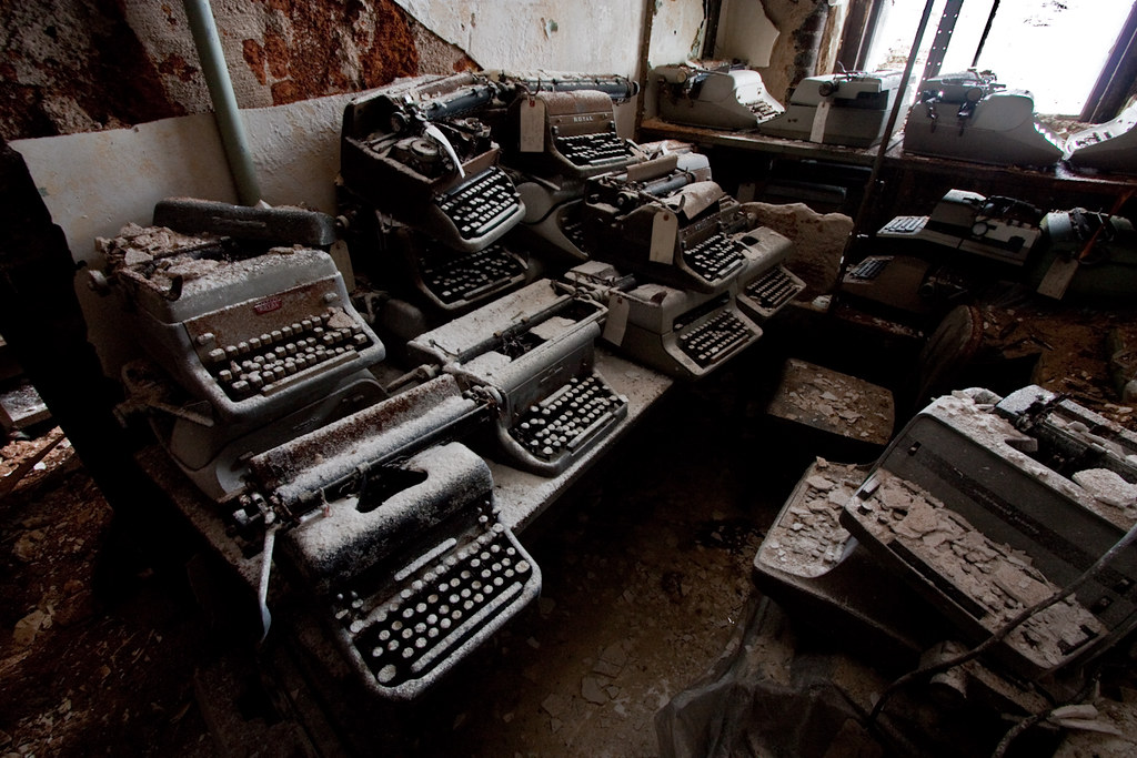 Multiple antique typewriters