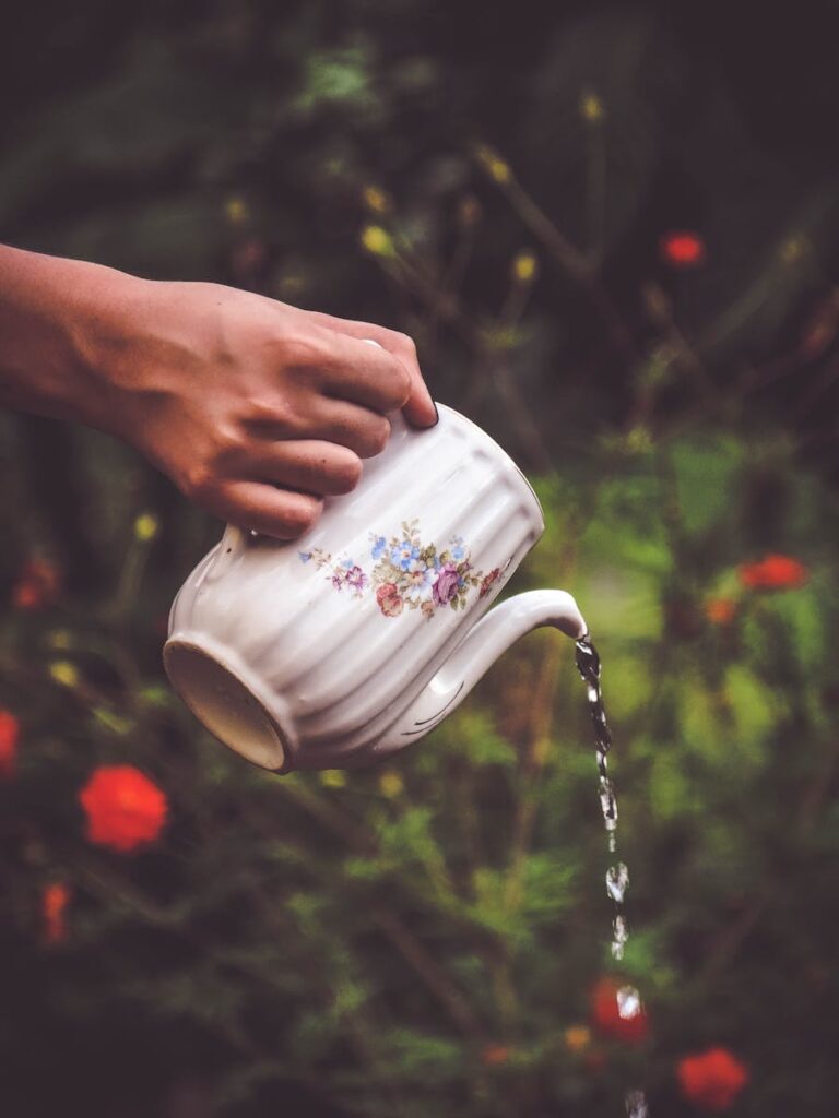 Selective Focus Photography of Person Holding White and Floral Teapot